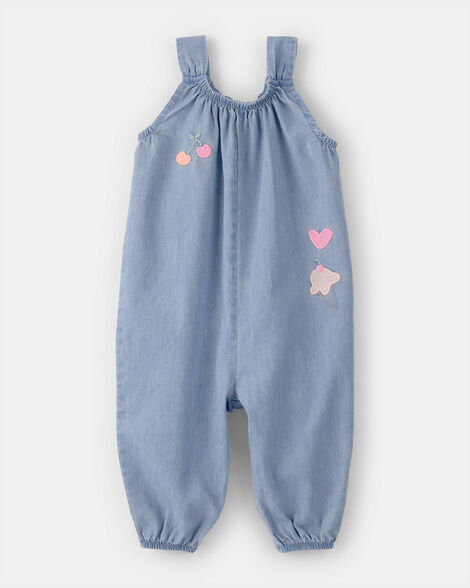 baby girl embroidered chambray sleeveless jumpsuit - blue