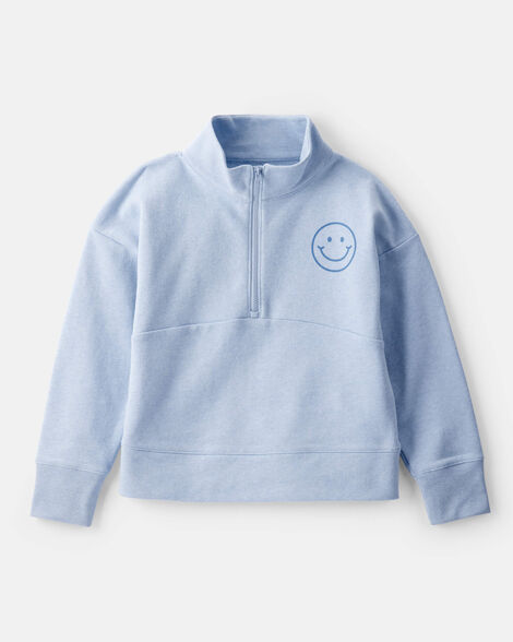 Girls Smiley Face Print Quarter-Zip Pullover Sweatshirt - Blue