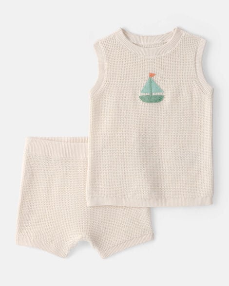baby 2-piece sailboat crochet top & short set - cream