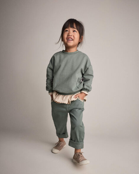 Toddler Girl Otter Sweatshirt™ with Bow Pockets - Olive
