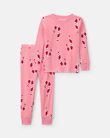 baby girl candy cane christmas thermal snug fit 2-piece pajama set - pink