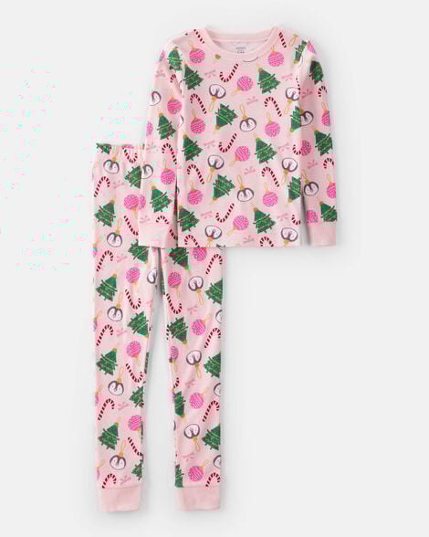 kid pink ornaments 100% cotton long-sleeve snug fit 2-piece pajamas - pink