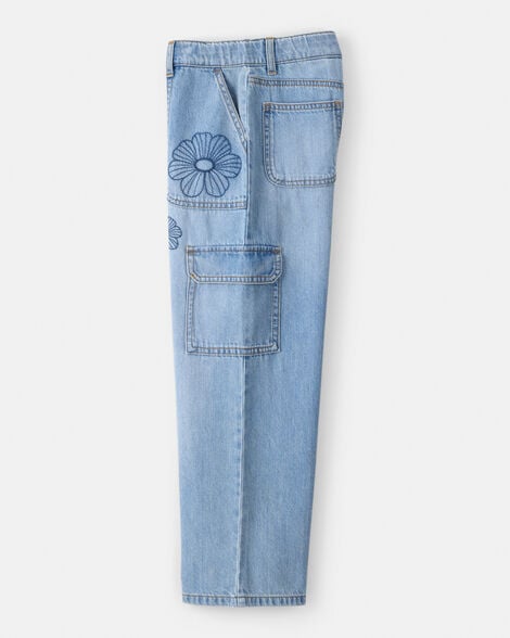 Girls High-Rise Denim Cargo Jeans - Blue