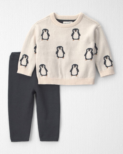 Baby 2-Piece Organic Cotton Sweater Knit Top & Pant Set in Penguins