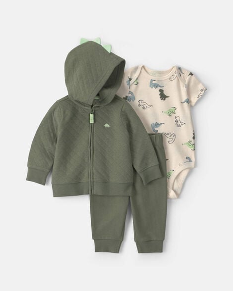 baby boy 3-piece dinosaur quilted french terry layering set - olive green
