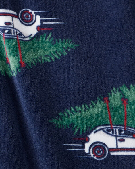 Product image 3 of Baby Boy Car Print Velour Long-Sleeve Loose Fit 1-Piece Pajamas - Navy