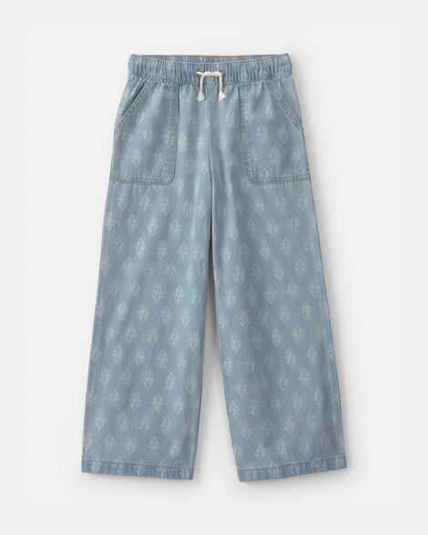 Girls Chambray Floral Pull-On Pants - Light Wash
