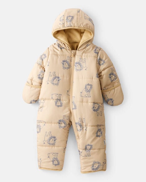 baby 1-piece lion print hooded pram snowsuit - khaki
