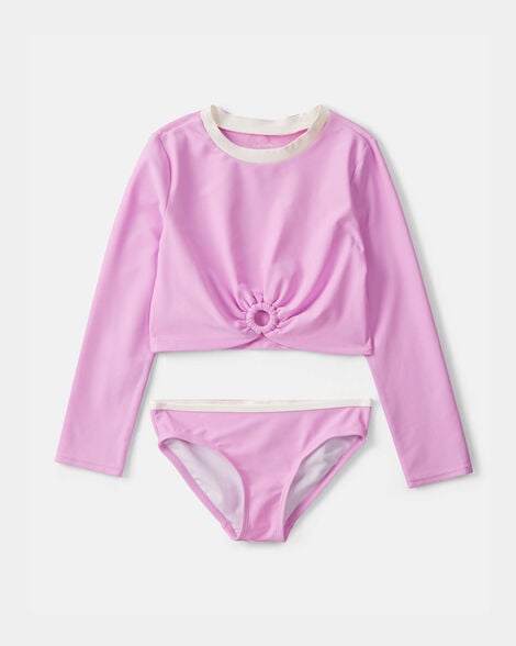 girls 2-piece long-sleeve rashguard swimsuit set - pink