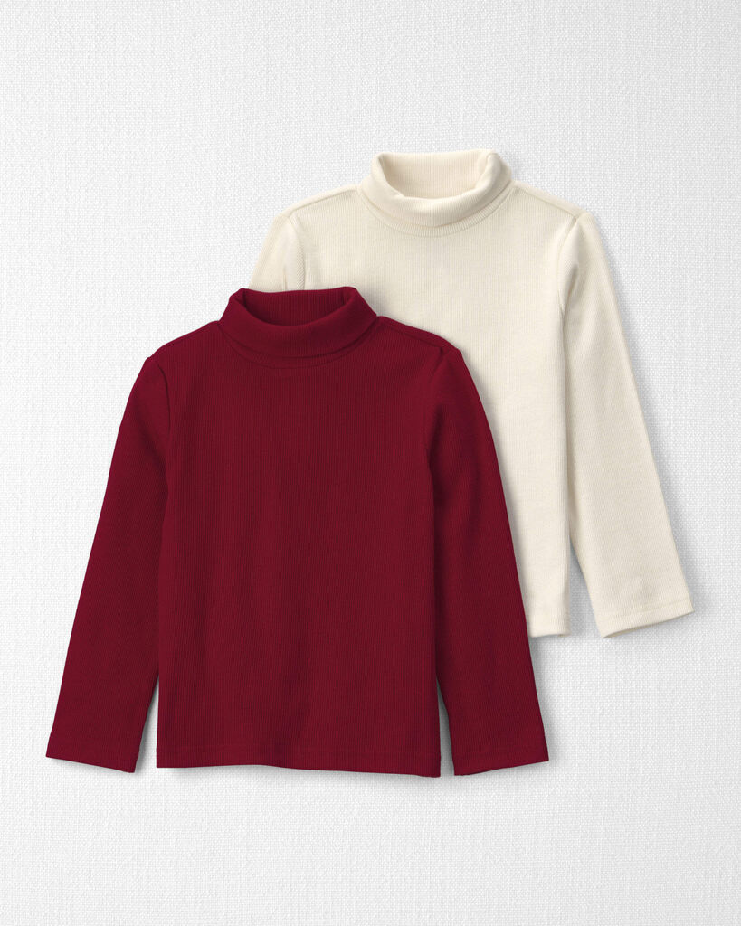 Little Planet Toddler Girl 2-Pack Organic Cotton Ribbed Mock Neck Tops 2T Cream, Deep Red