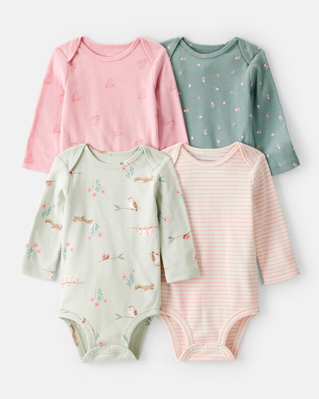 Product image 1 of Baby Girl 4-Pack Owl Print Cotton Long-Sleeve Multipack Bodysuits - Green/Pink/White