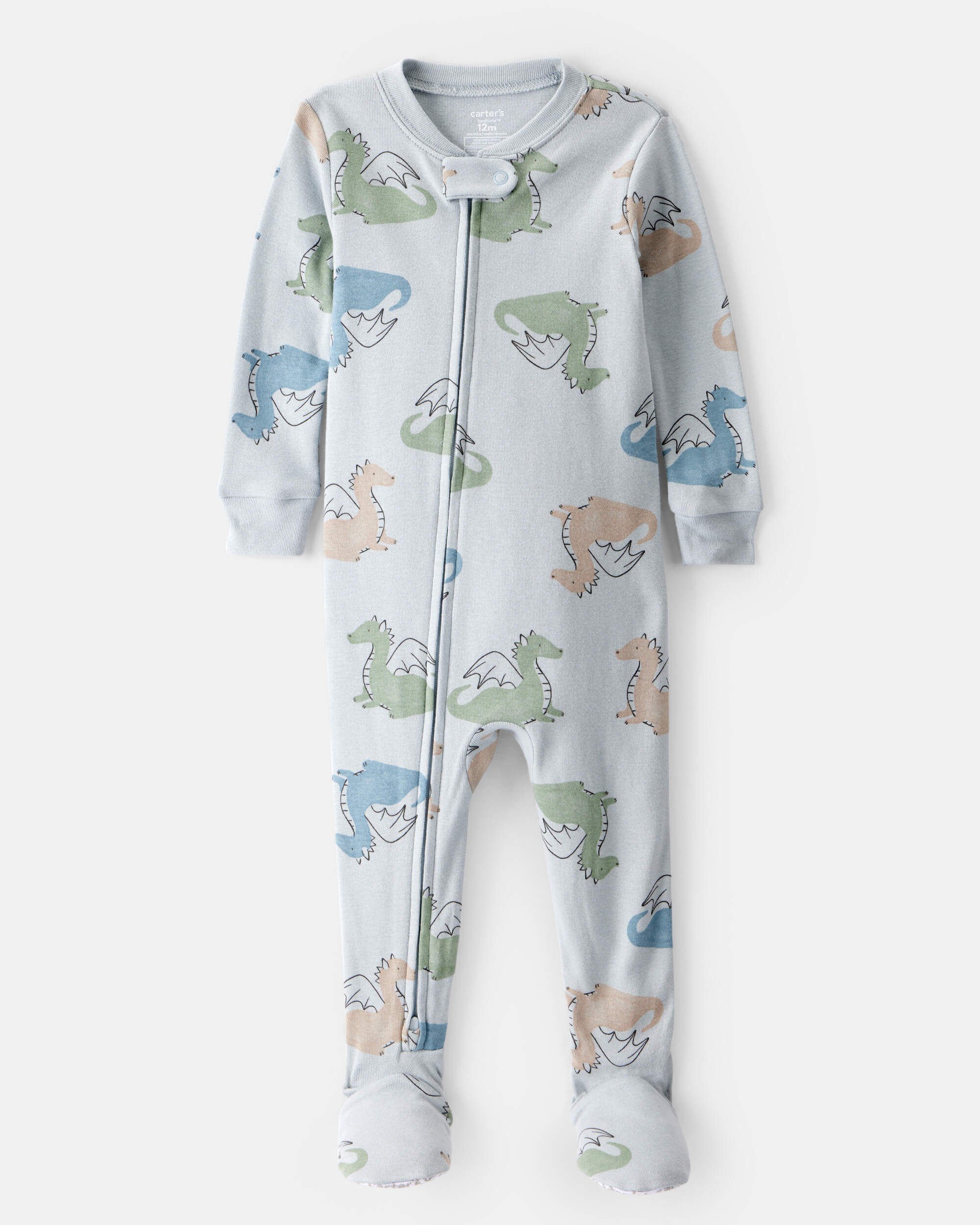Toddler Boy Dragon 100% Cotton Long-Sleeve 2-Way Zip 1-Piece Pajamas - Blue