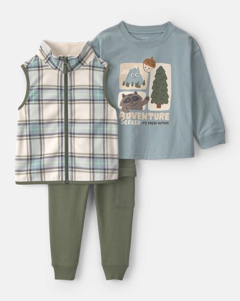 toddler boy 3-piece 'adventure' car long-sleeve top & pant set - blue/green/cream
