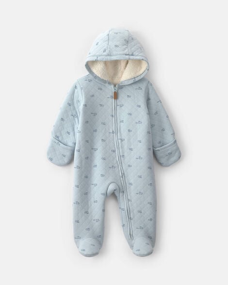 baby boy train teddy fleece long-sleeve jumpsuit - blue
