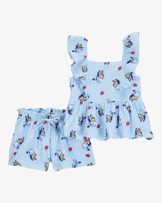 Product image 1 of Baby 2-Piece Flutter-Sleeve Gauze Bluey Top & Short Set - Blue