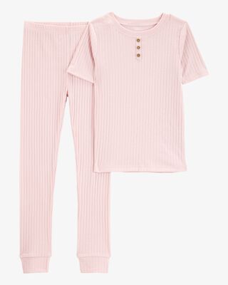 Product image 1 of Kid Solid Ribbed Cotton Blend 2-Piece Pajamas - Pink