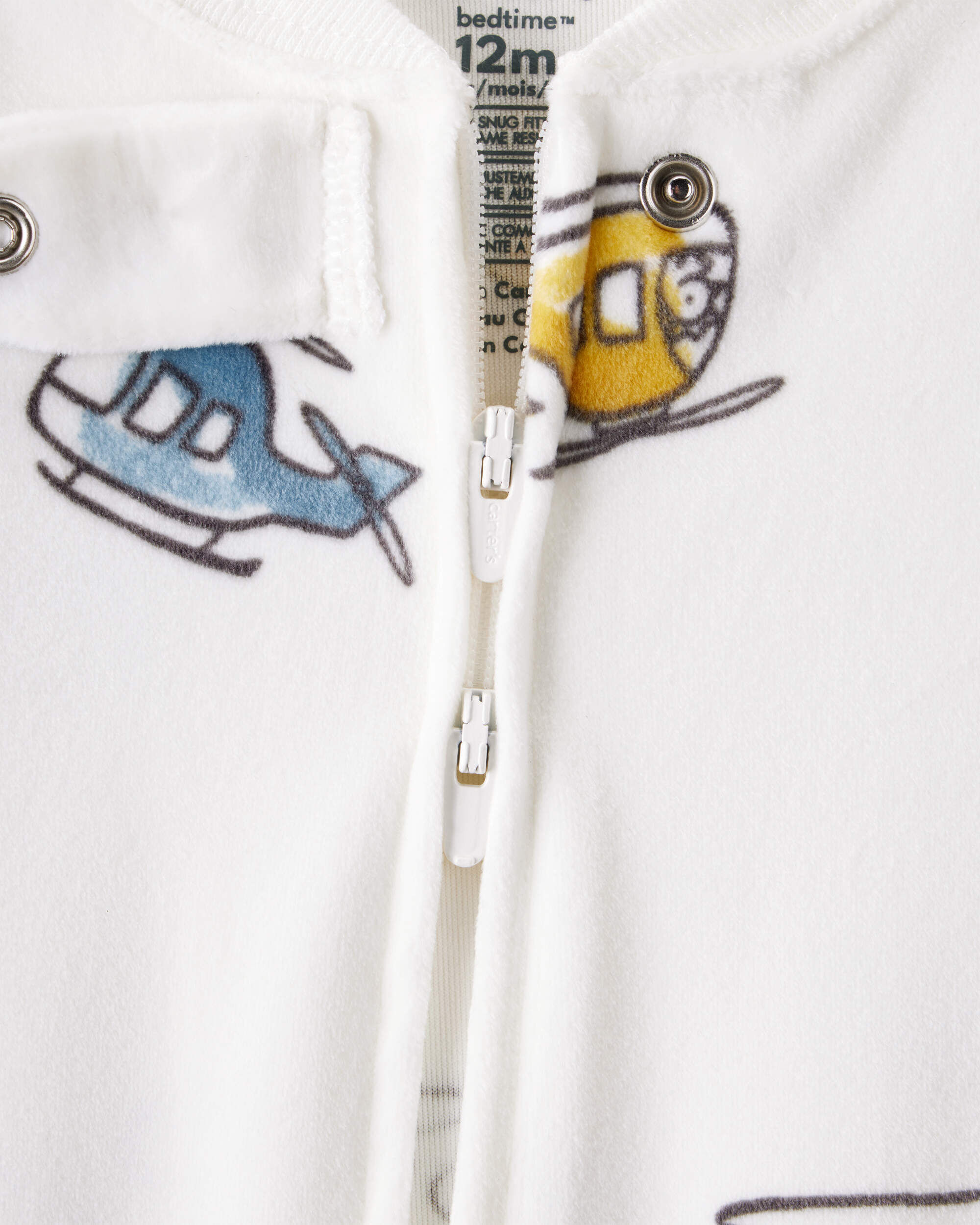 Toddler Boy Helicopter Print Snug Fit Long-Sleeve 2-Way Zip 1-Piece Pajamas - White