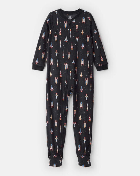 boys rocket ship print fleece long-sleeve loose fit 1-piece pajamas - black