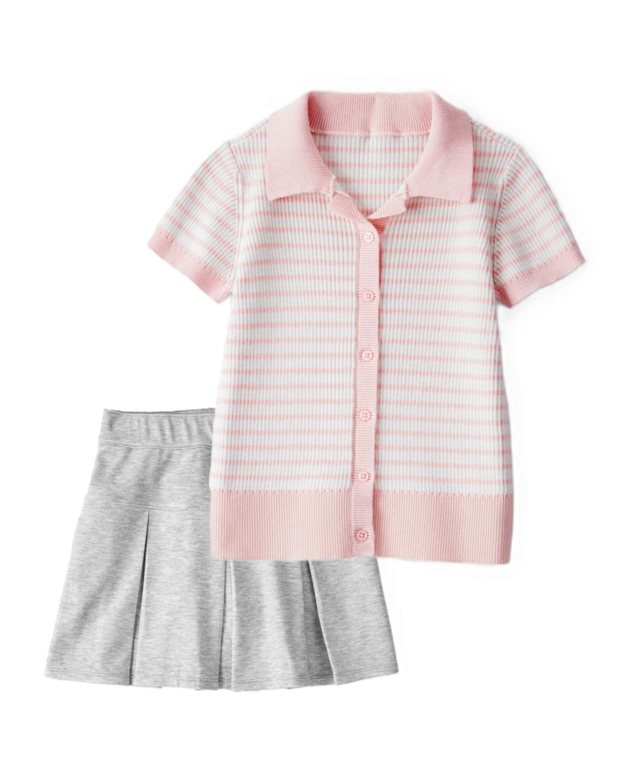 Girls 2-Piece Short-Sleeve Striped Tee & Pleated Ponte Skort Set - Pink/Grey