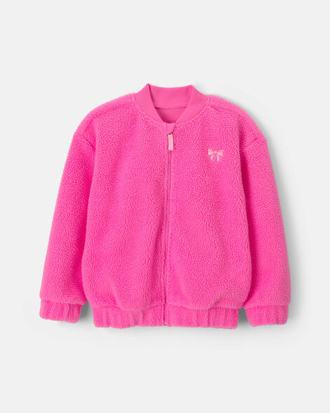 girls bow teddy fleece zip-up jacket - pink