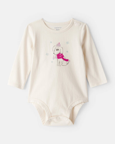 baby girl dog long-sleeve graphic bodysuit - cream