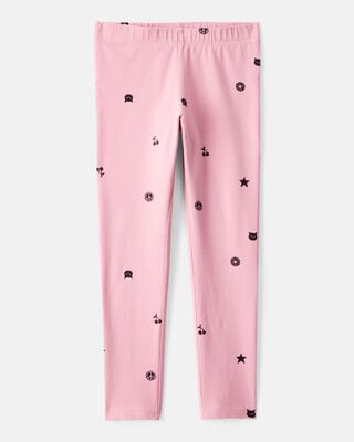 Girls Smiley Face Print Cotton Pull-On Stretch Leggings - Black