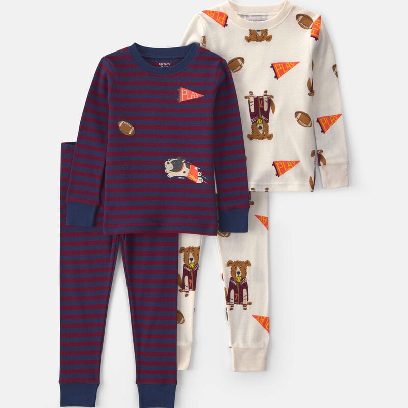 Toddler Boy 4-Piece Dog Striped 100% Cotton Snug Fit Pajama Set - Burgundy/Cream