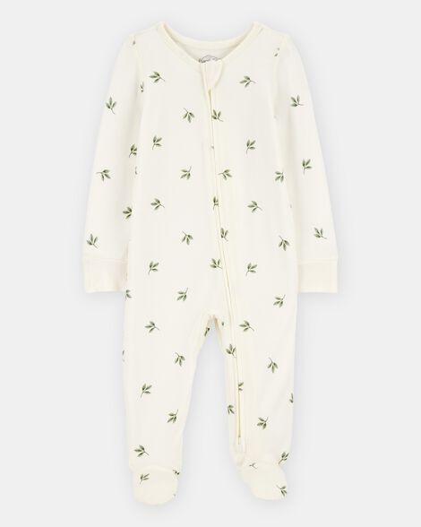 baby leaf print 2-way zip purelysoft sleep & play pajamas - ivory