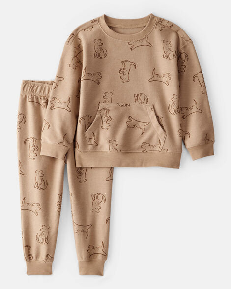 toddler boy dog french terry long-sleeve tee & pant set - brown