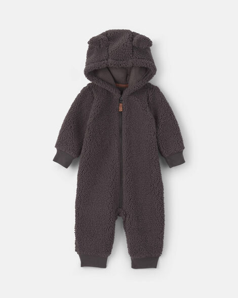 baby boy dog teddy fleece long-sleeve jumpsuit - grey