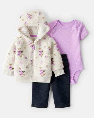Baby Girl 3-Piece Fair Isle Sherpa Vest Outfit Set - Pink