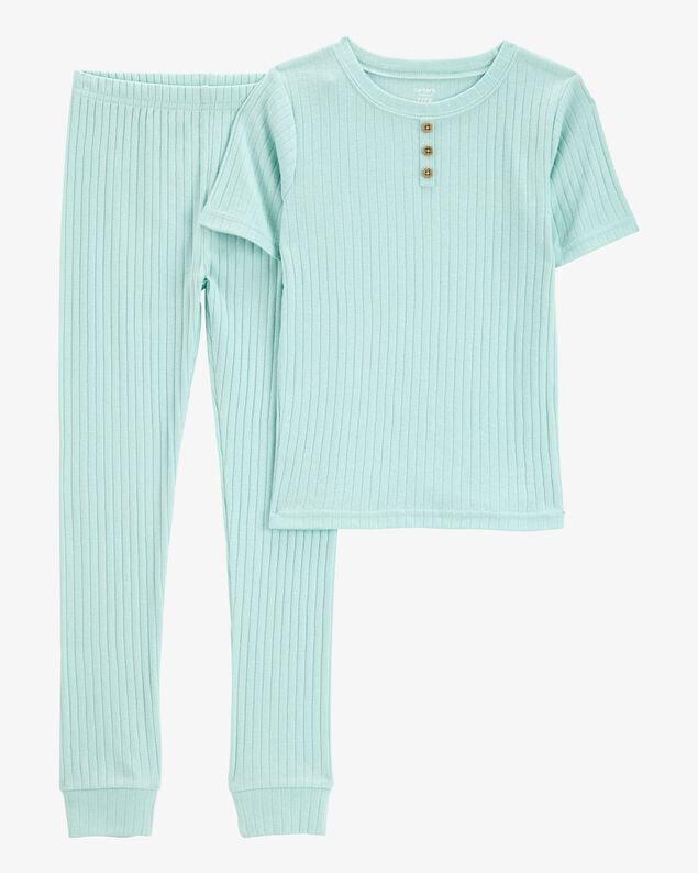 Product image 1 of Kid Solid Ribbed Cotton Blend 2-Piece Pajamas - Teal