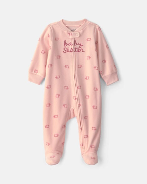baby girl 'baby sister' fleece 2-way zip sleep & play pajamas - pink
