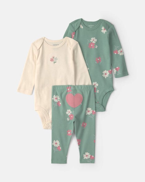 baby girl 3-piece heart floral long-sleeve bodysuit & pant set - green/cream