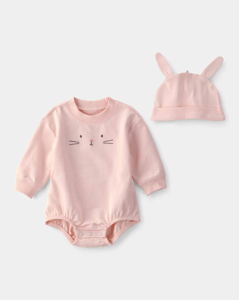 baby girl bunny bubble romper & hat set - pink