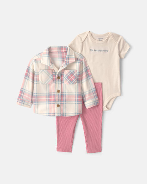 baby girl 3-piece plaid fleece layering set - pink