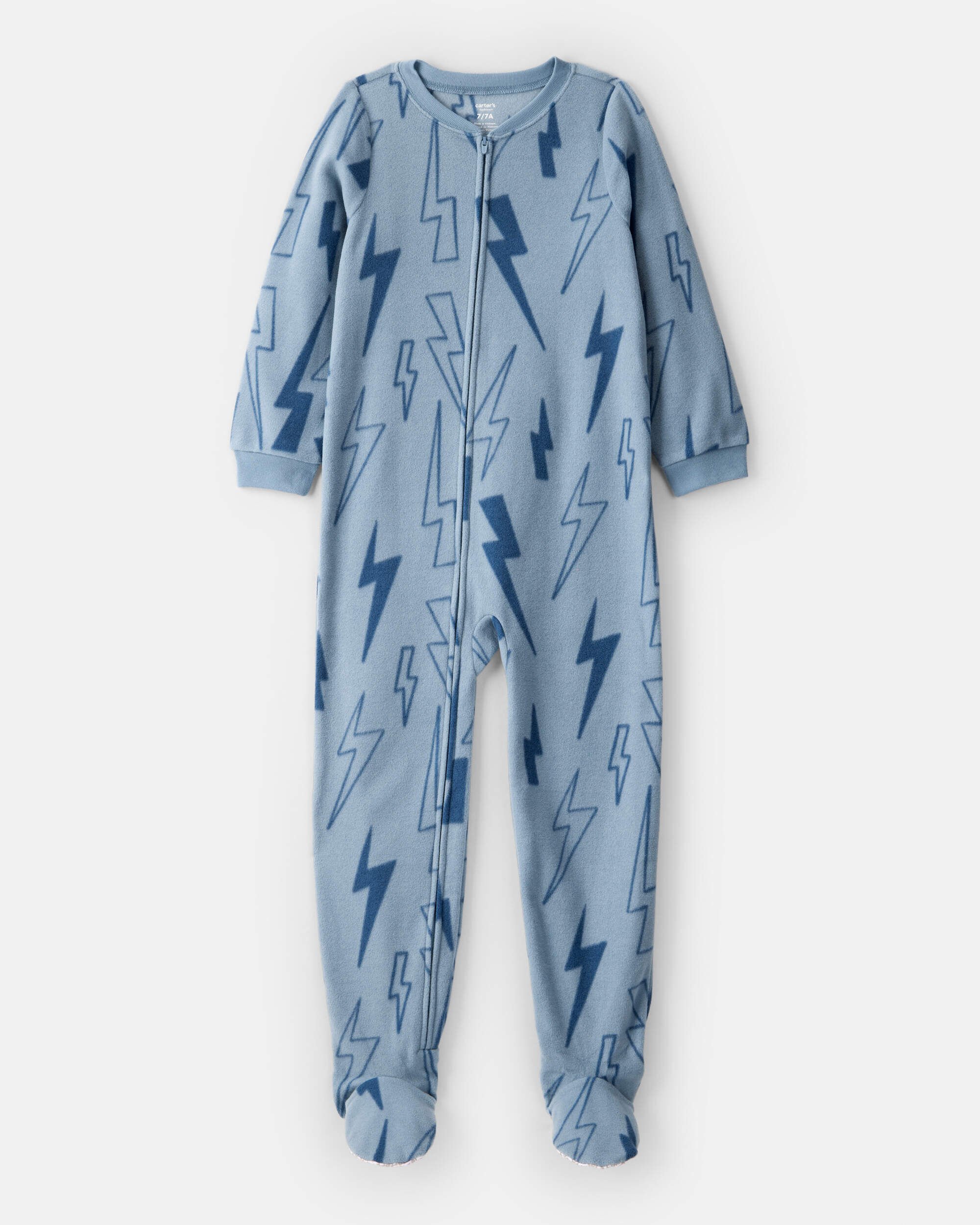Boys Lightning Print Fleece Long-Sleeve Loose Fit 1-Piece Pajamas - Blue