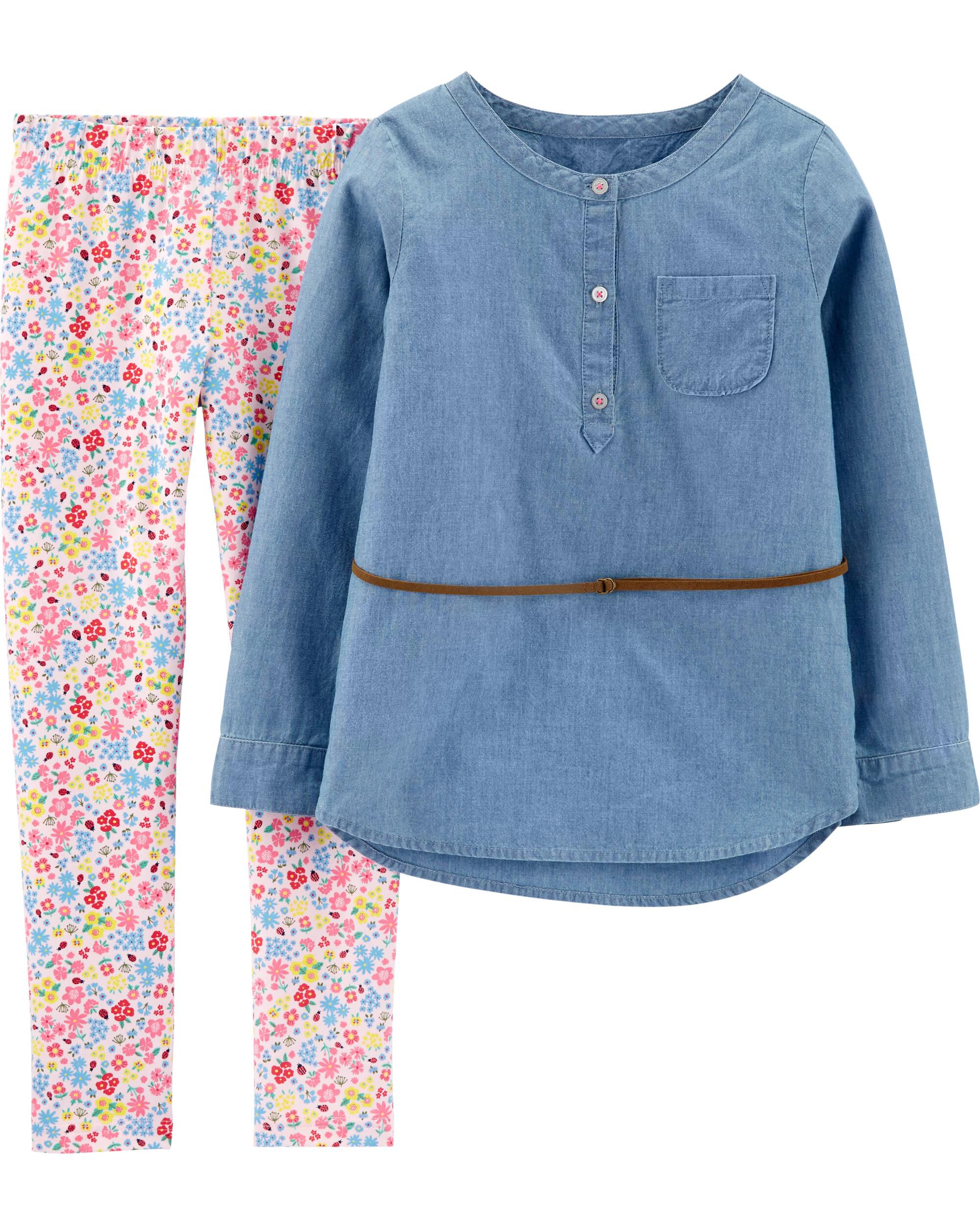 baby girl carter's floral tee & chambray shortalls set