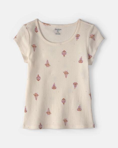 Girls Floral Ribbed Top - Cream