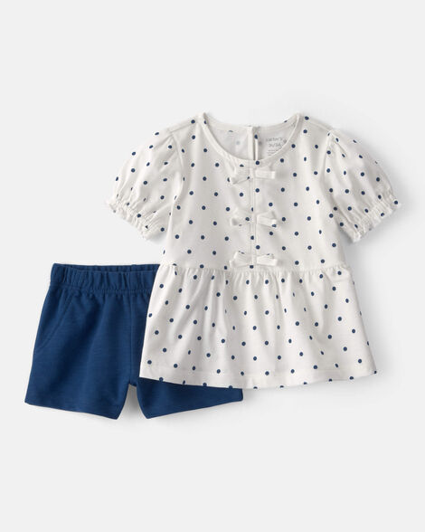toddler girl 2-piece polka dots top & short set - blue/white