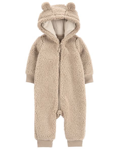 baby teddy fleece bear zip-up jumpsuit - brown