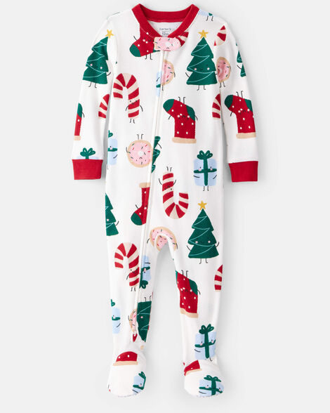 toddler festive friends christmas 100% cotton long-sleeve snug fit 1-piece pajamas - white