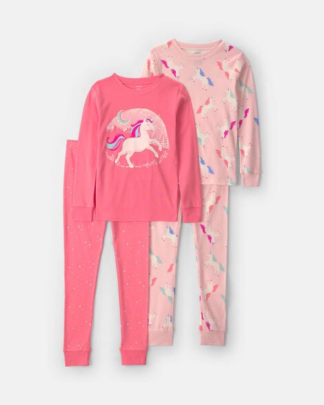 girls 4-piece unicorn 100% cotton snug fit pajama set - coral/pink