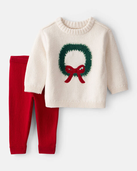 baby girl 2-piece wreath long-sleeve sweater & pant set - white/red