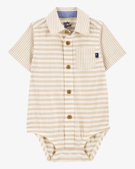  Product image 1 of Baby Striped Button-Front Short-Sleeve Bodysuit - Tan