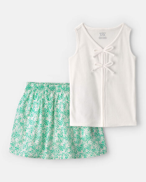 girls 2-piece floral sleeveless top & skort set - green/ivory