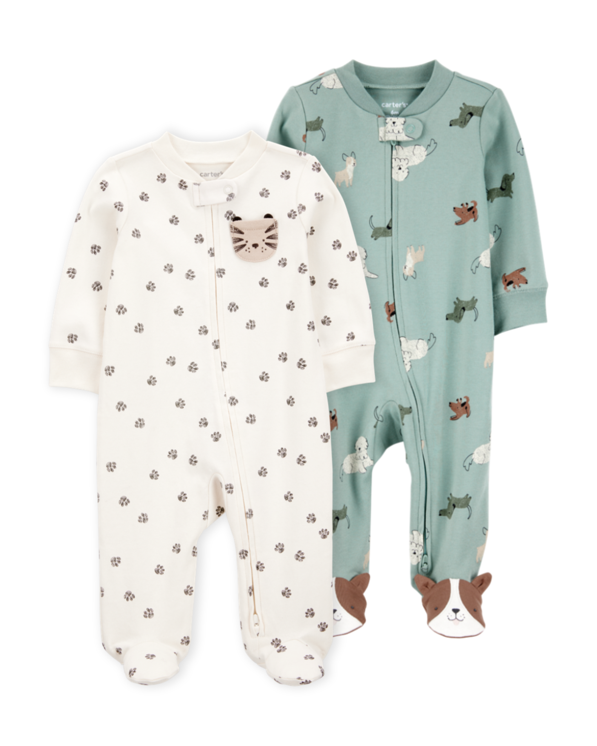 Baby 2-Pack  Cotton 2-Way Zip Sleep & Play Pajamas - Green/Ivory