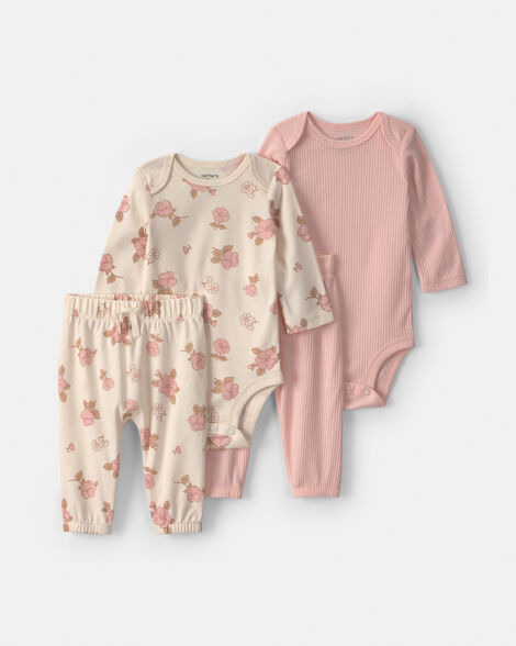 baby girl 4-piece floral long-sleeve bodysuit & pant set - pink/ivory
