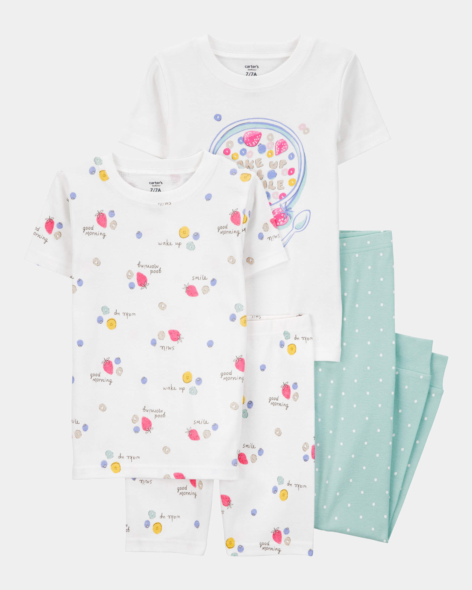 Girls 4-Piece Breakfast Cereal 100% Snug Fit Cotton Pajamas - Turquoise/White