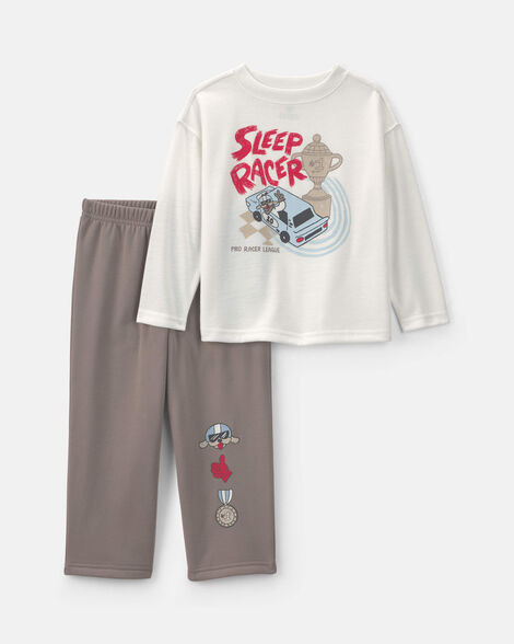 toddler boy 'sleep racer' race car fleece loose fit 2-piece pajama set - white/grey